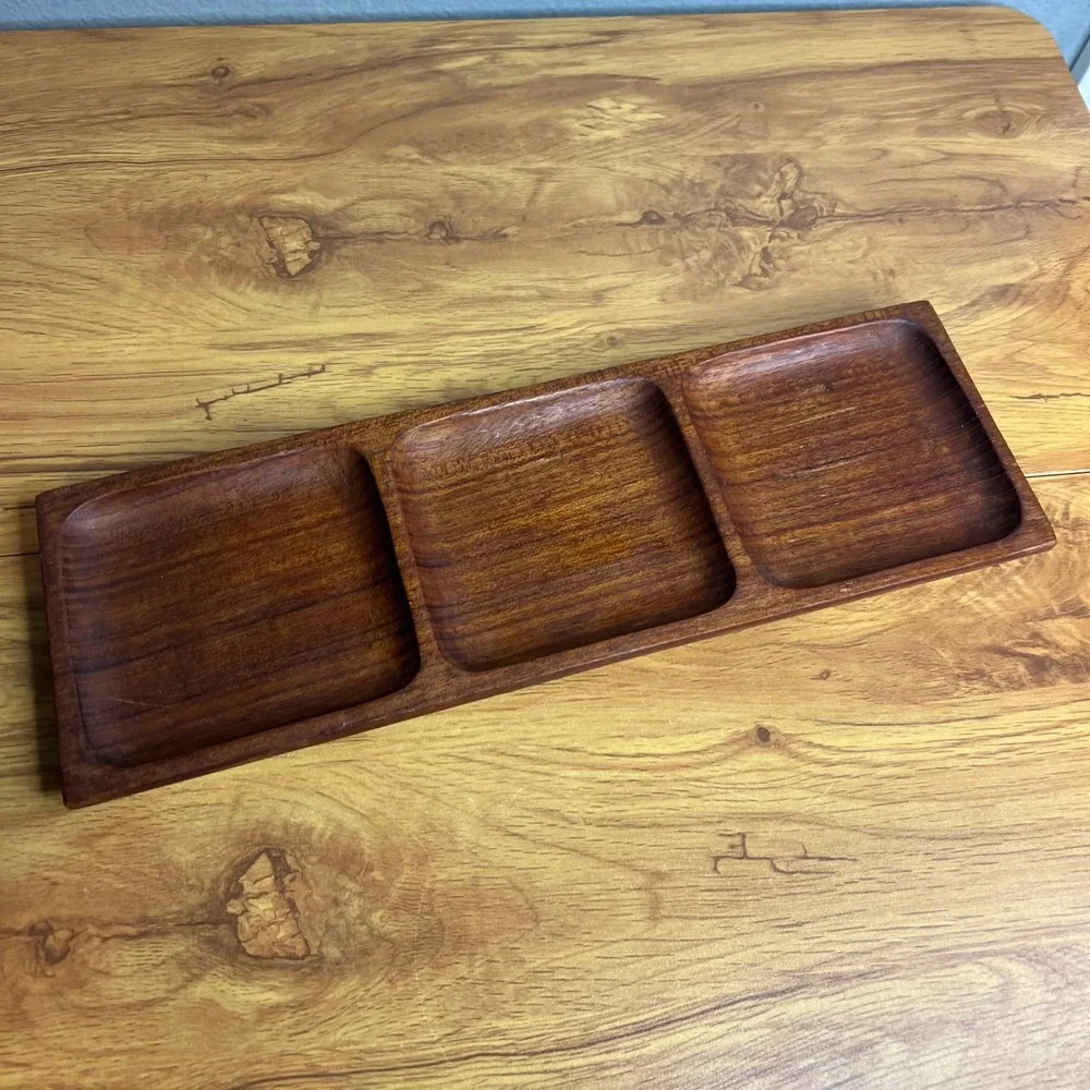 VintagTeak Wood Trinket Tray Serving Dish 3 Section MCM Appetizer Dish Boho